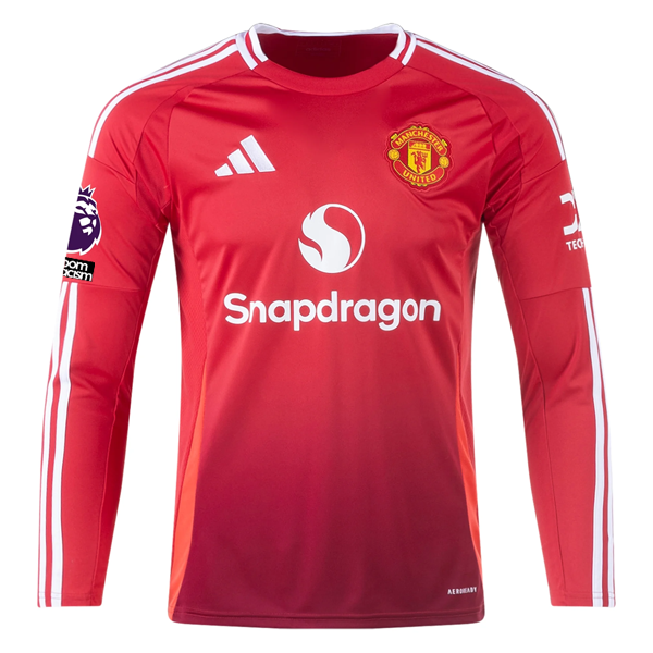 adidas Manchester United Matthijs De Ligt Long Sleeve Home Jersey w/ EPL + No Room For Racism Patches24/25 (Red)