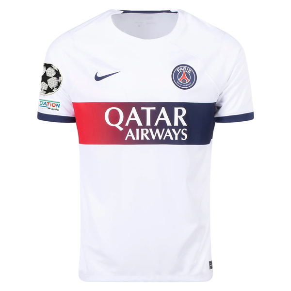 Nike Paris Saint-Germain Kylian MbappÃ© Away Jersey w/ Champions League Patches 23/24 (White/Midnight Navy)