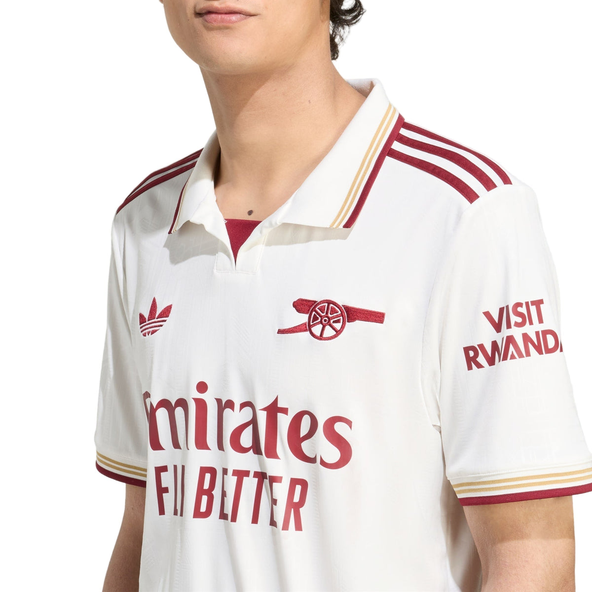 adidas Calafiori Men's Arsenal FC Third Jersey 25/26 w/ NRFR + EPL Patches (White/Burgundy)