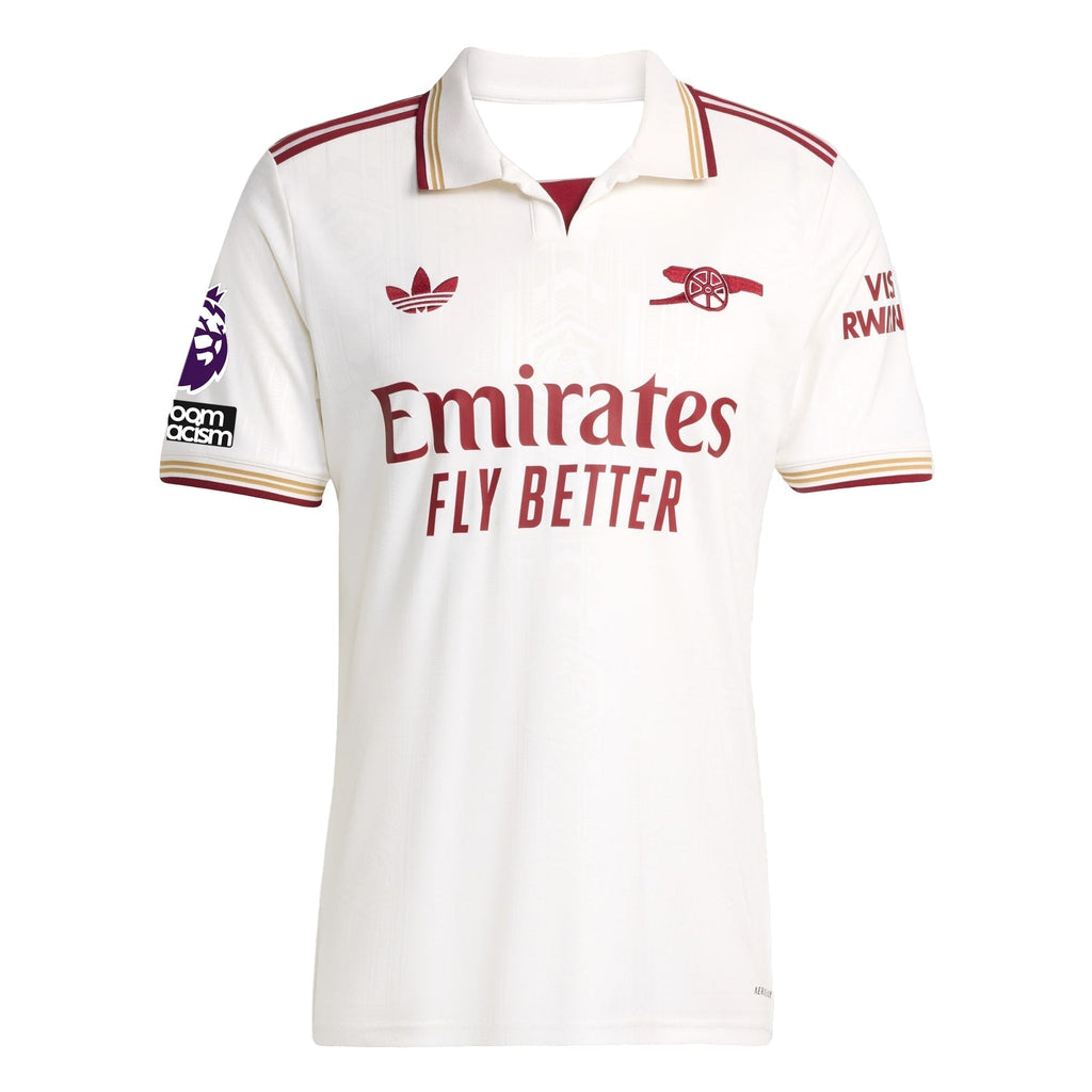 adidas Calafiori Men's Arsenal FC Third Jersey 25/26 w/ NRFR + EPL Patches (White/Burgundy)