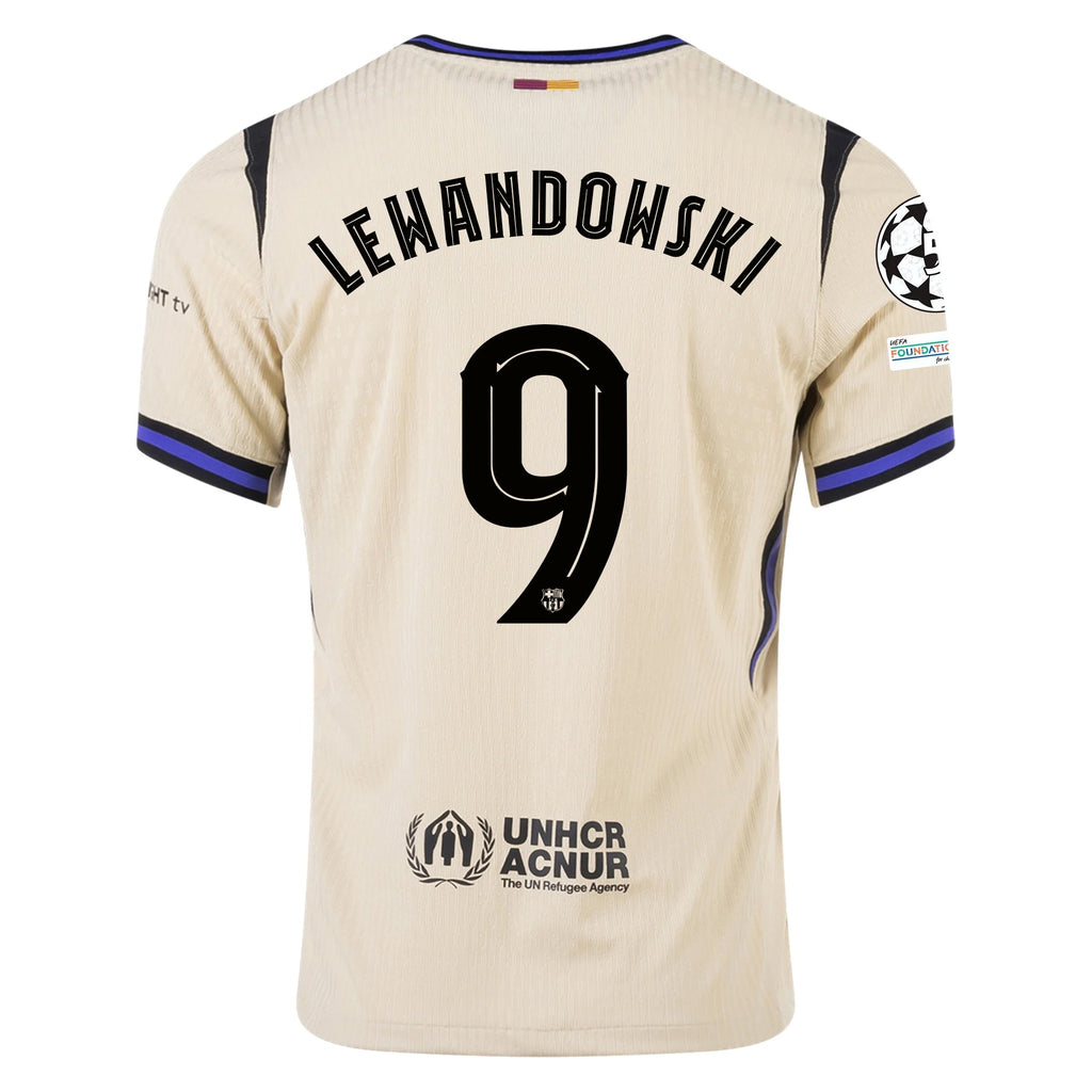 Nike Robert Lewandowski Men's FC Barcelona Authentic Away Jersey w/ Champions League Patches (Team Gold/Persian Violet/Black)