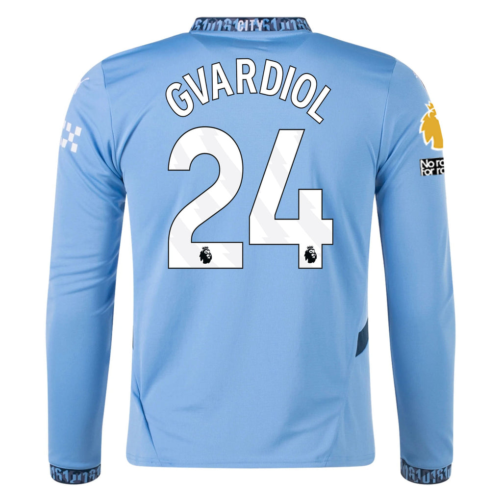Puma Manchester City JoÅ¡ko Gvardiol Home Long Sleeve Jersey w/ EPL + No Room For Racism Patch 24/25 (Team Light/Marine Blue)