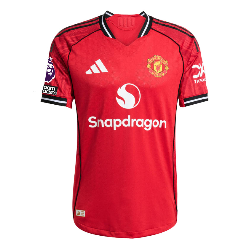 adidas Cunha Men's Manchester United Authentic Home Jersey 25/26 w/ NRFR + EPL Patch (Red)