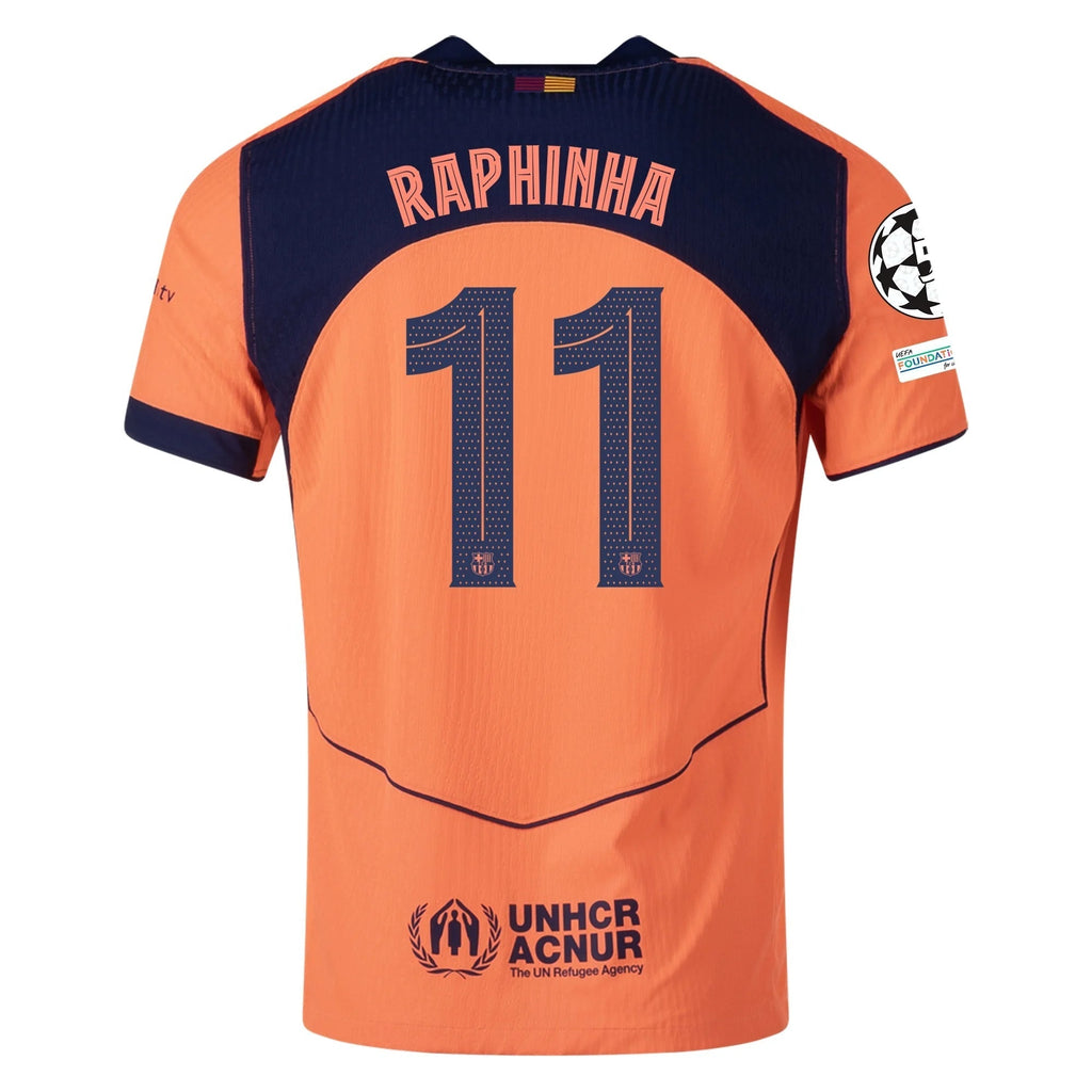 Nike Raphinha FC Barcelona Third T90 Authentic Jersey 25/26 w/ Champions League Patches (Mango/Navy)