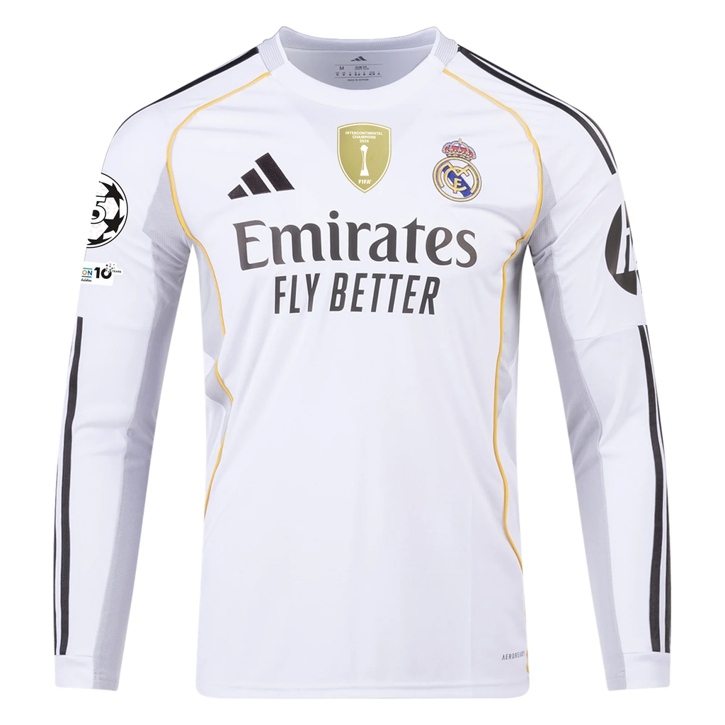 adidas Real Madrid Rodrygo Long Sleeve Home Jersey w/ Intercontinental + Champions League Patches 25/26 (White)