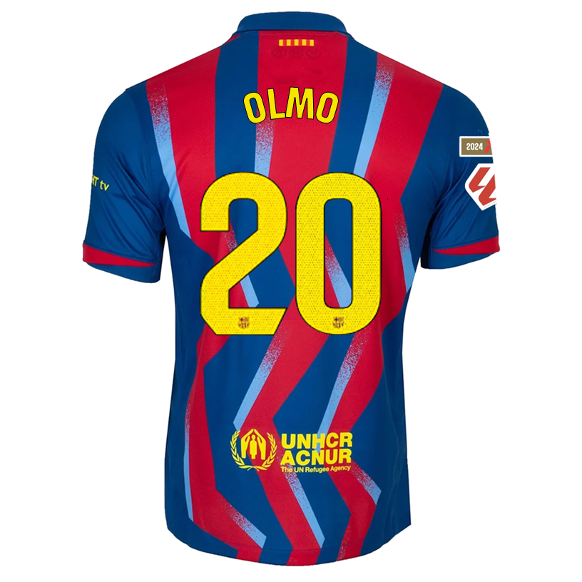 Nike Men's FC Barcelona Olmo 4th Jersey 25/26 w/ La Liga Patches (Blue/Red/Yellow)