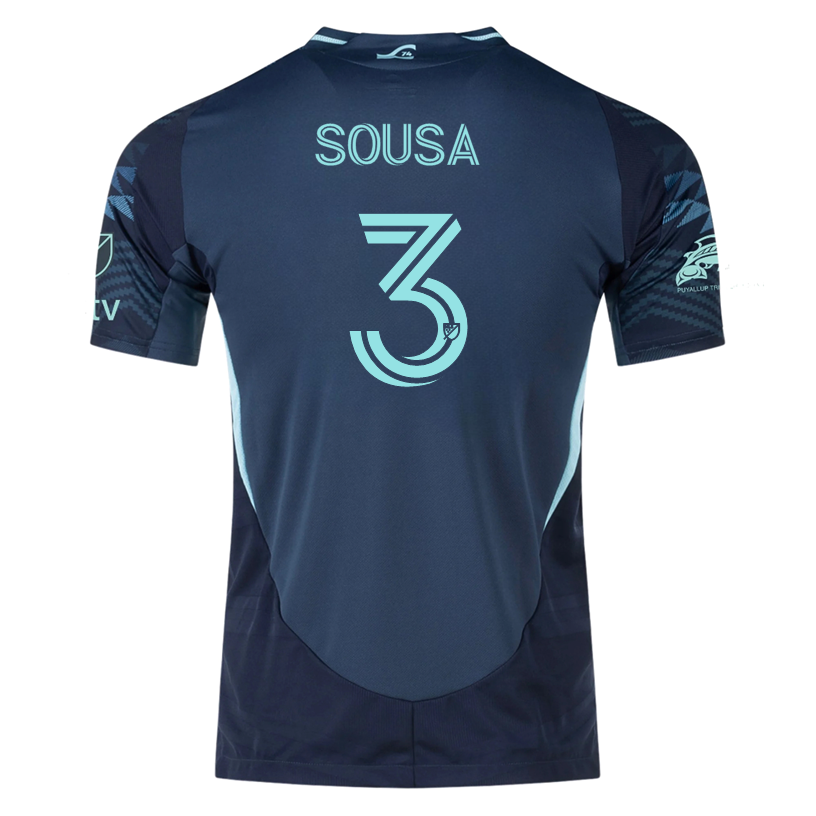 adidas T. Sousa Seattle Sounders Authentic Away Jersey 25/26 w/ MLS Patches & Sponsor (Aura Ink)