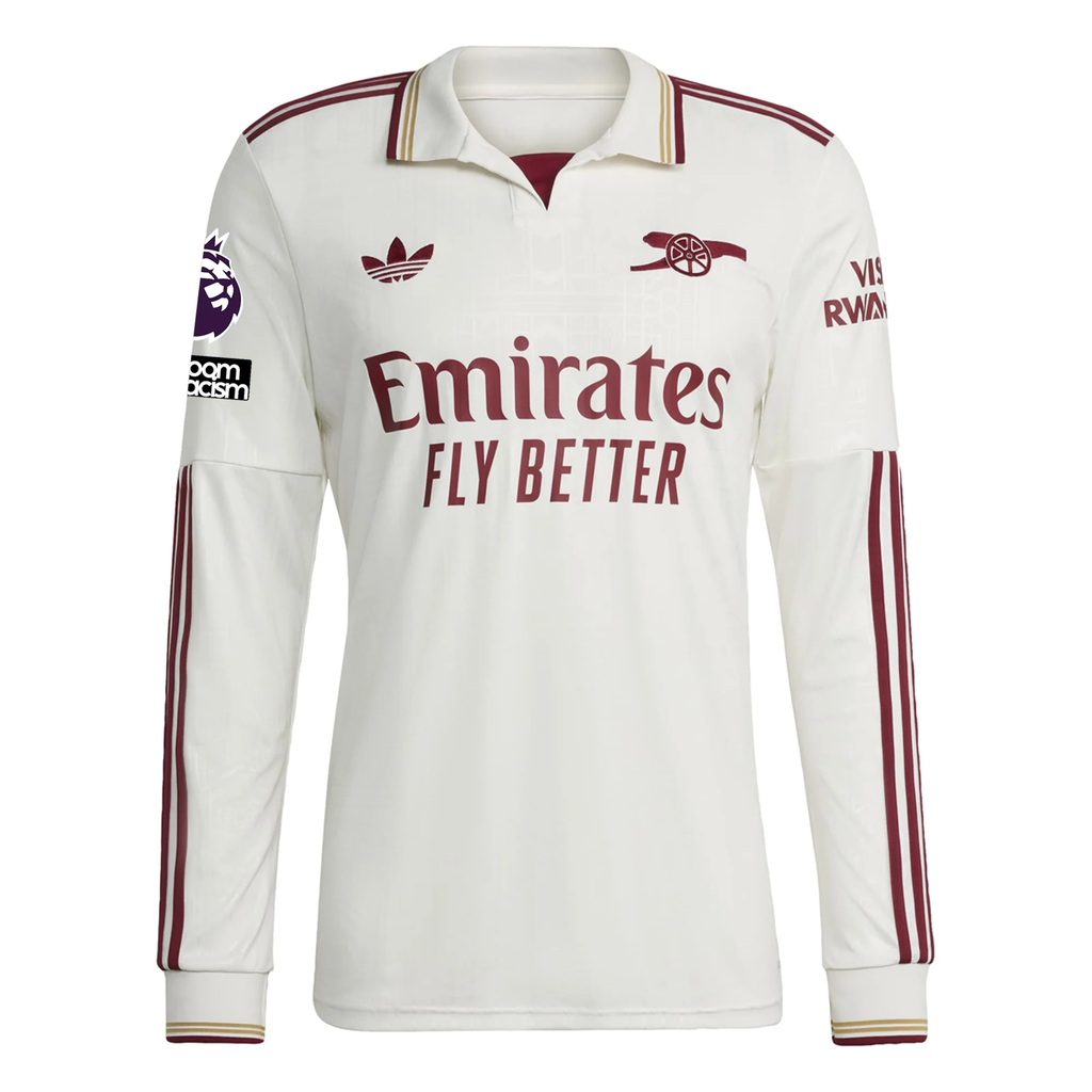 adidas Arsenal Gabriel Martinelli Third Long Sleeve Jersey w/ EPL + No Room For Racism 25/26 (White/Burgundy)