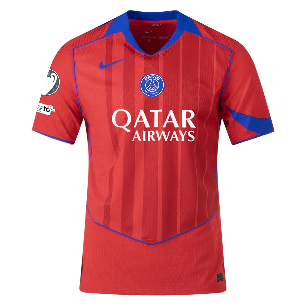 Nike Men's Paris Saint-Germain Authentic DÃ©sirÃ© DouÃ© Third Jersey w/ Champions League Patches 25/26 (Sport Red/Hyper Royal)